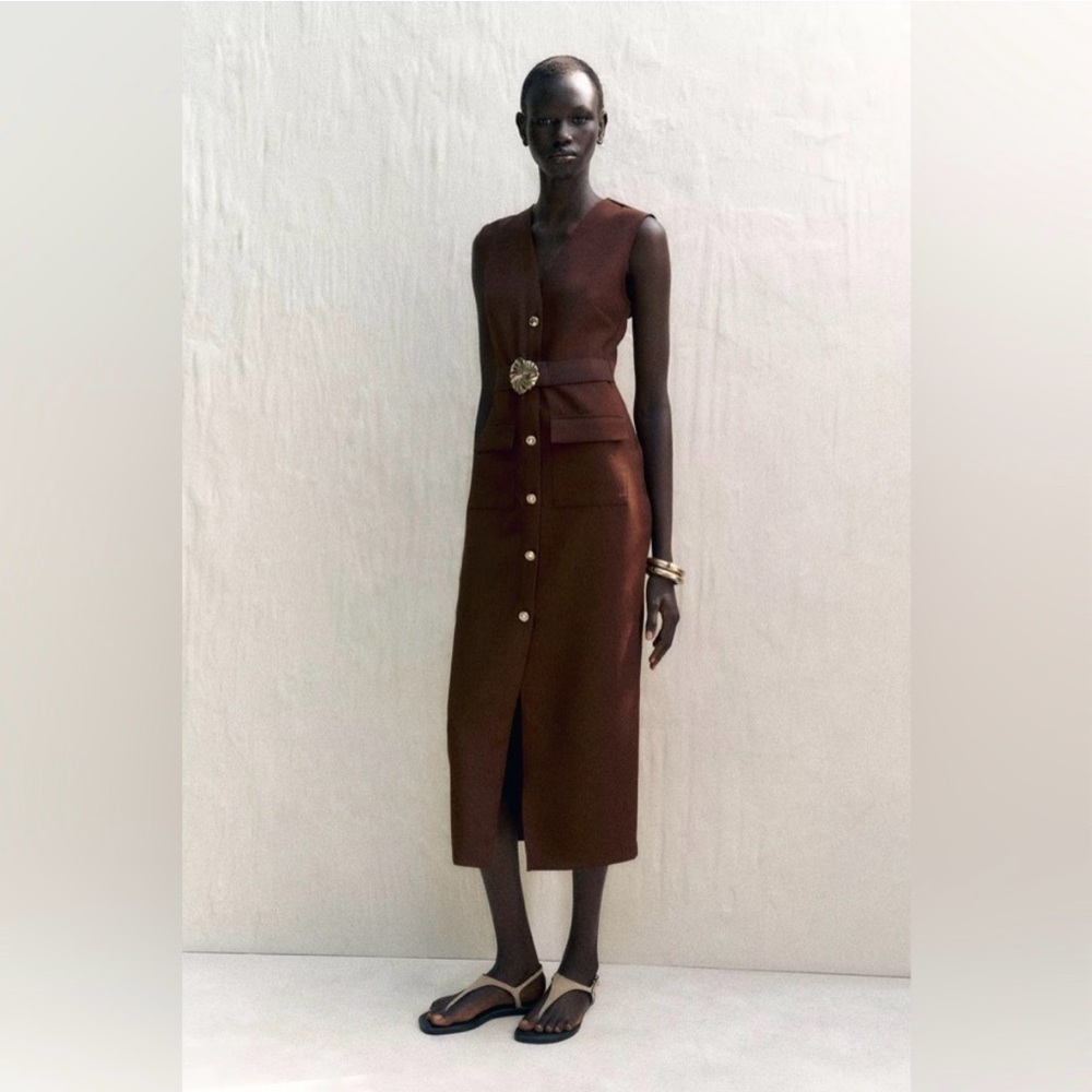 Zara Brown crepe belted midi dress